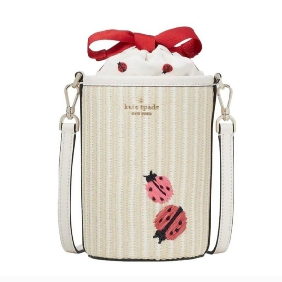 🔹️ Kate Spade🔹️ Dottie Embroidered Straw Ladybug Cylinder Crossbody ✨️ - Picture 1 of 3